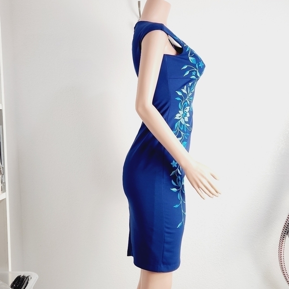 Jax Floral-Embroidered Sheath Midi Dress, Blue Pattern Size: 2 - Picture 5 of 11